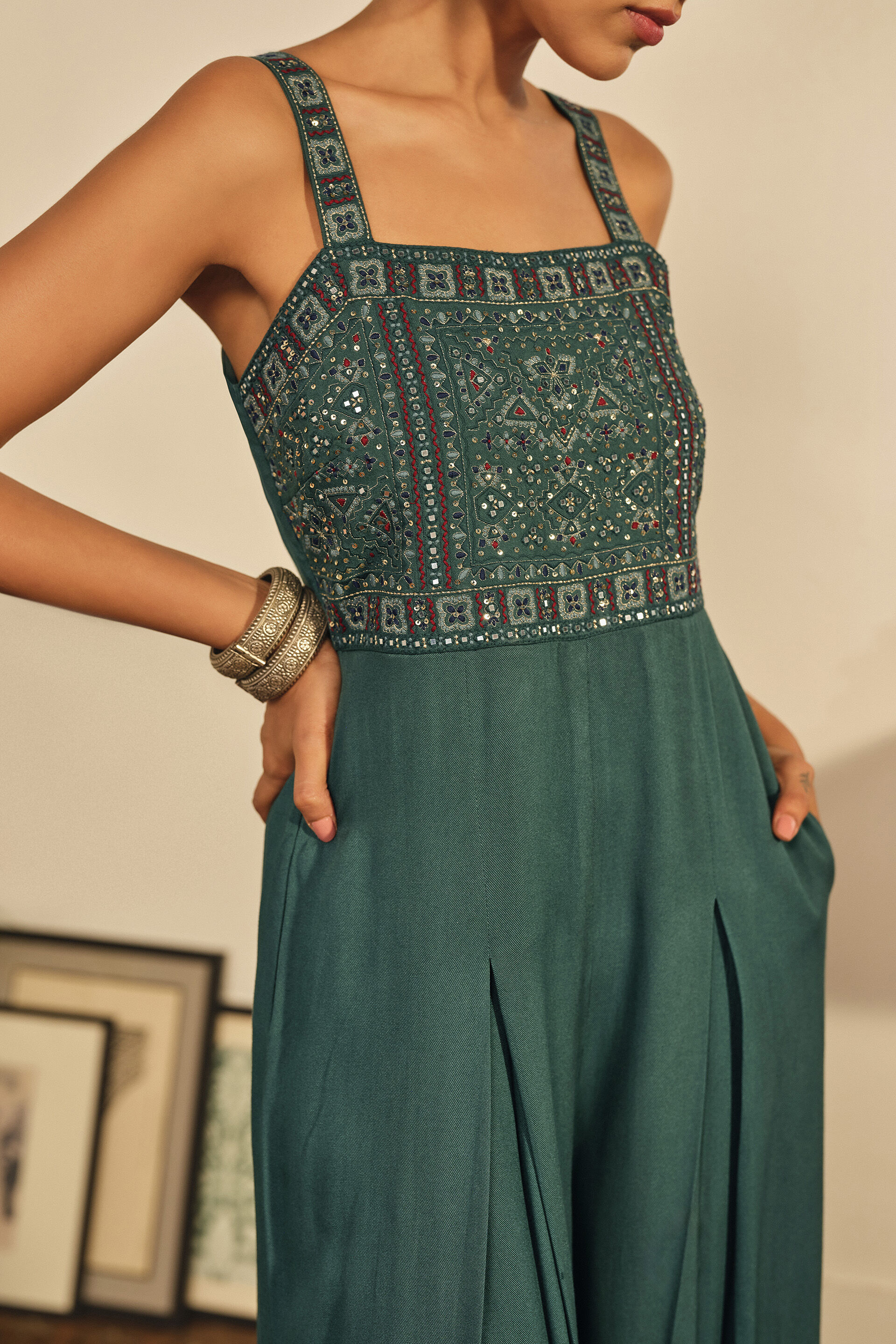 Embroidered Jumpsuit in Teal, Teal, image 2